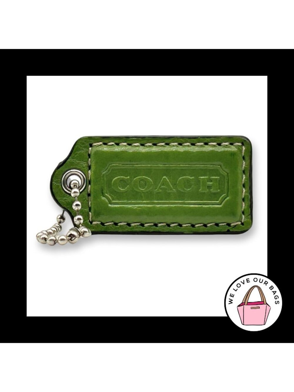 COACH HANG TAG 2" Green Bag Charm Keychain Fob Smooth Leather Nickel Medium